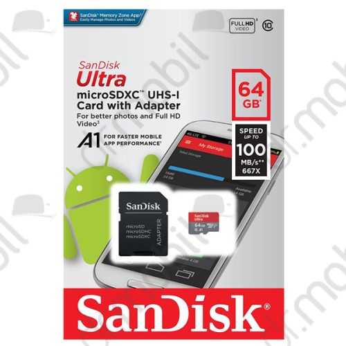 Memóriakártya 64 GB MicroSDHC Card SanDisk Ultra Android (SDSQUAR-064G-GN6MA, 98 MB/s, Class 10, UHS-I, A1)